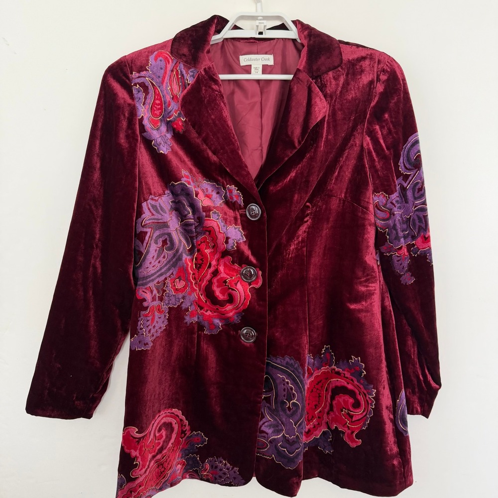 Coldwater Creek Womens Burgundy Velvet Paisley Blazer Jacket Red Purple Size 14